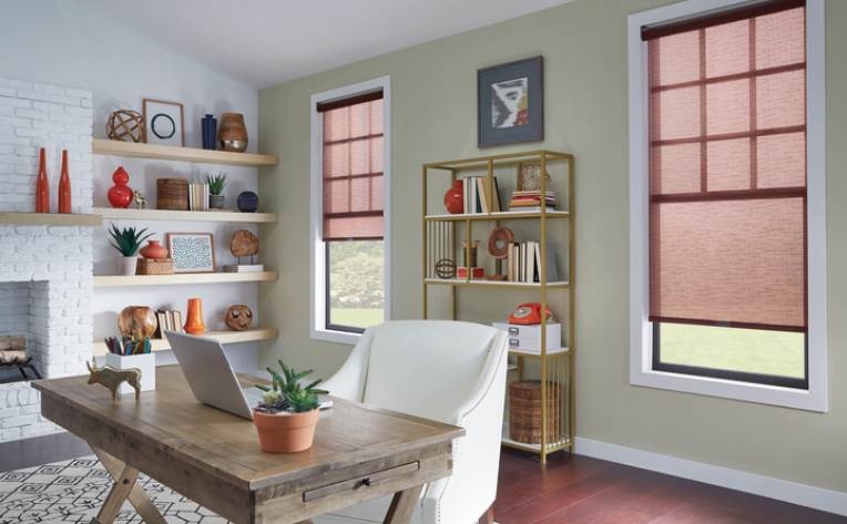 Graber Solar Shades in Home Office with gold pink and neutral accents